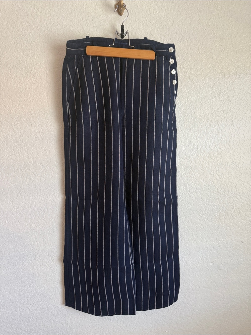 Polo by Ralph Lauren Navy with White Pinstripe Wide-Leg Linen Trousers
